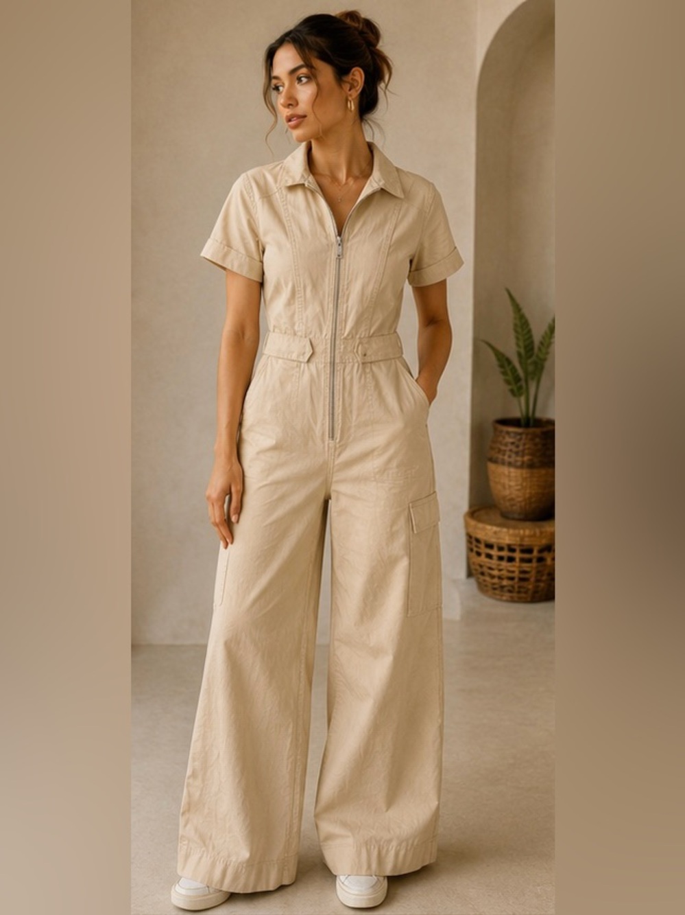 ZARA Beige Utility Zip Front Wide Leg Jumpsuit Womens XS New
